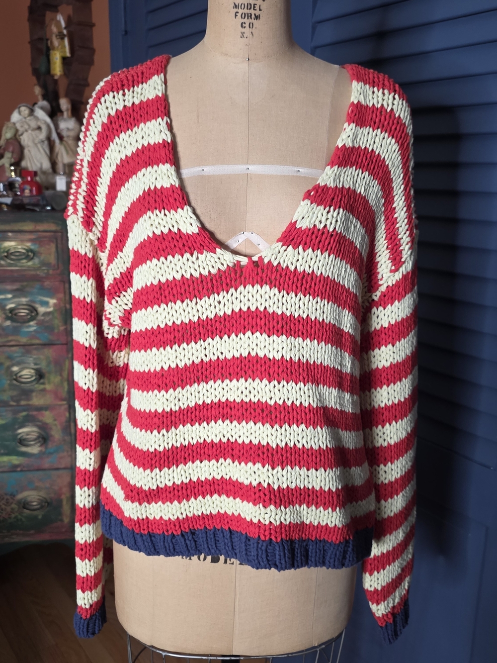 Free People We The Free Portland Pullover Striped V-Neck Chunky Knit Sweater S